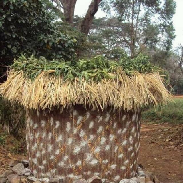 Close-up of painted Nibang-nket hut with thatch roof